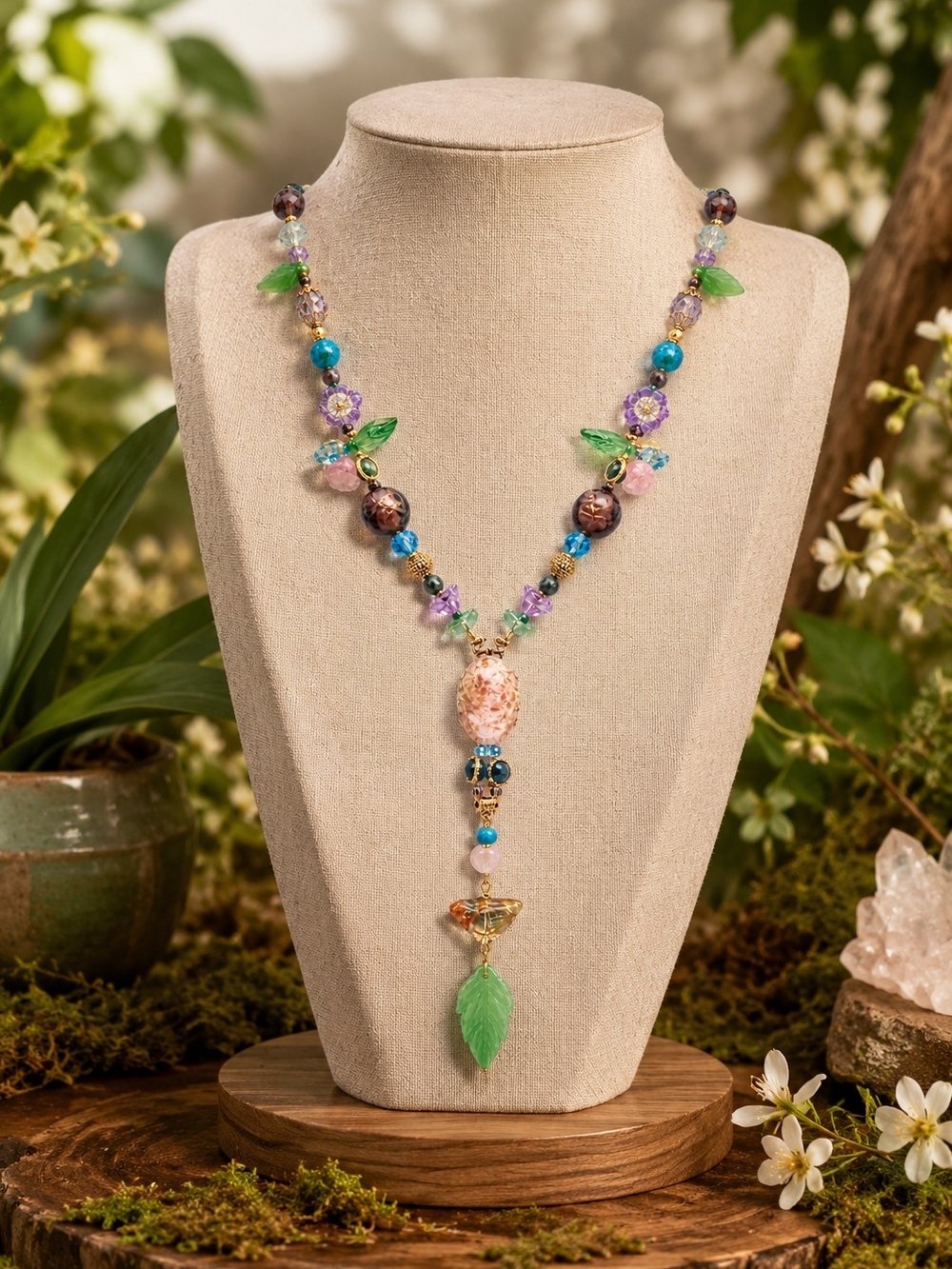 Nature Inspired Czech Glass Beaded Necklace with Birds Butterflies & Leaves Boho